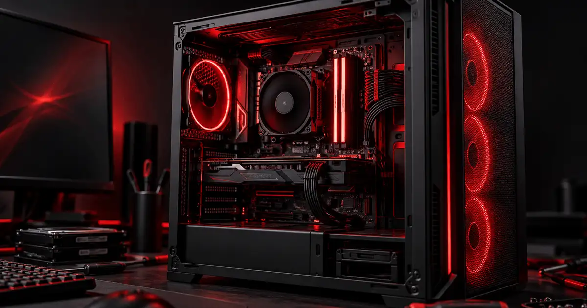 Gabinete de PC aberto com a placa-mãe e os cabos internos visíveis