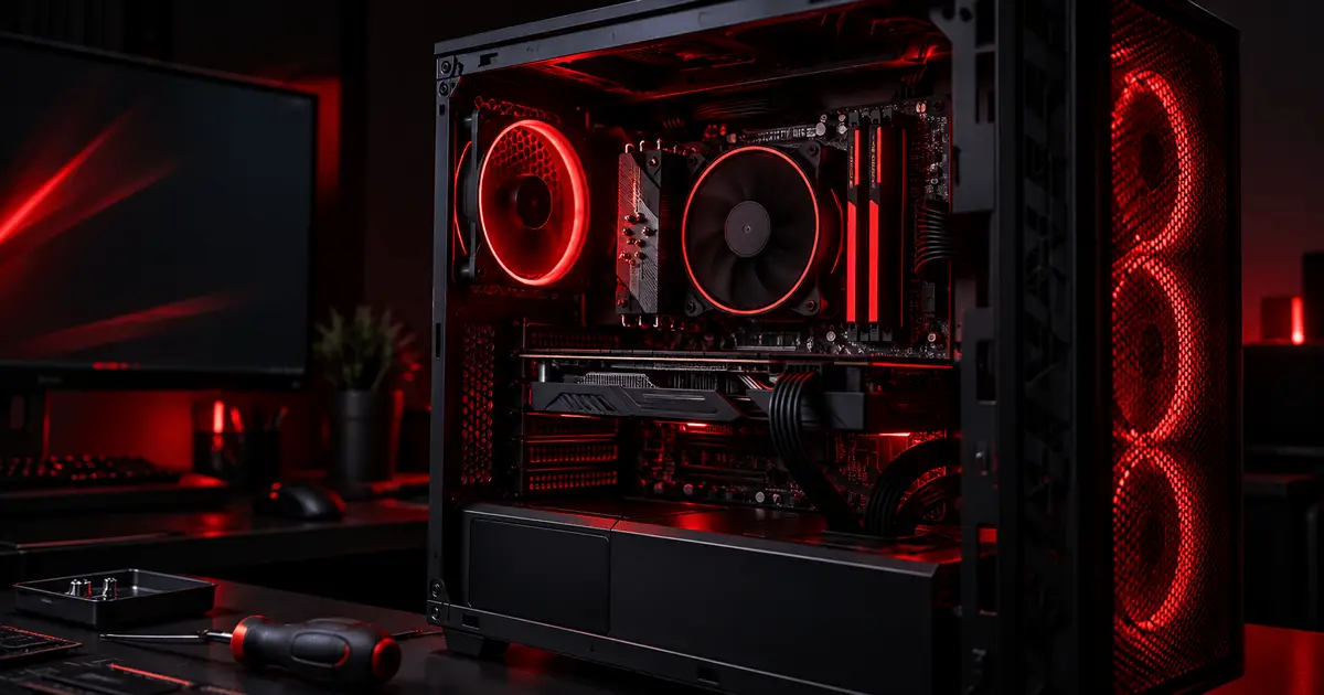 Gabinete de PC aberto mostrando o cooler do processador e iluminação interna