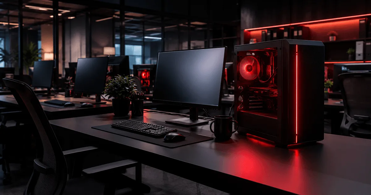 Estações de trabalho de um escritório com computadores em funcionamento