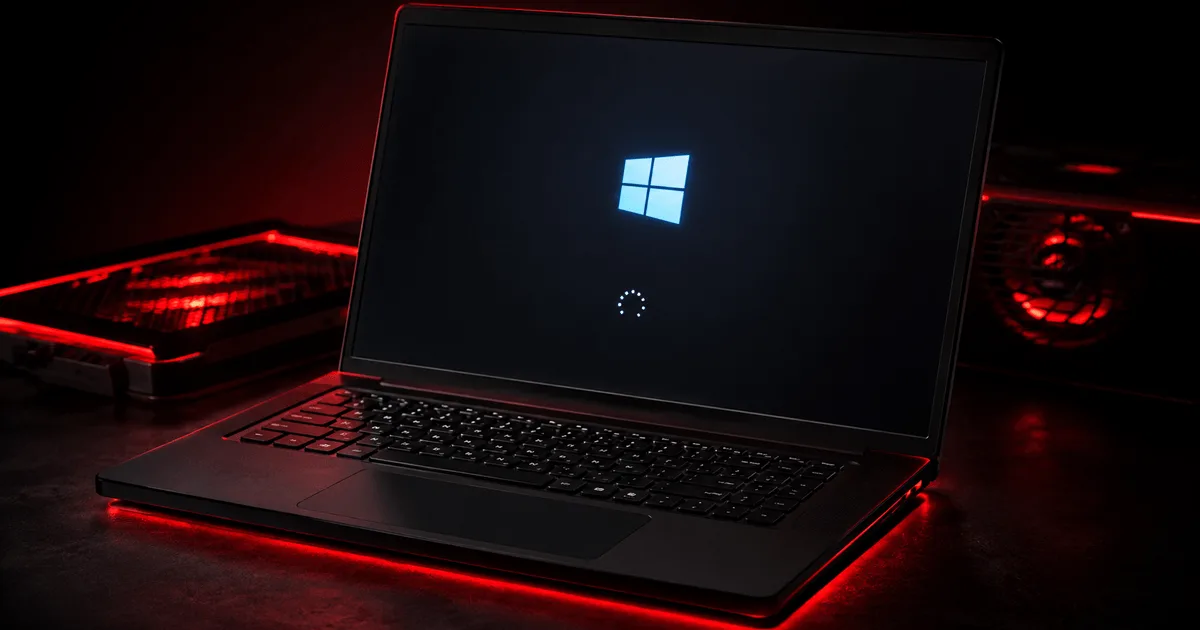 Pessoa esperando um notebook lento responder, com a tela de carregamento do Windows