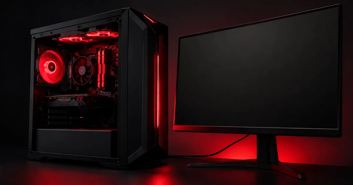Gabinete de PC ligado, com LEDs acesos, ao lado de um monitor sem imagem
