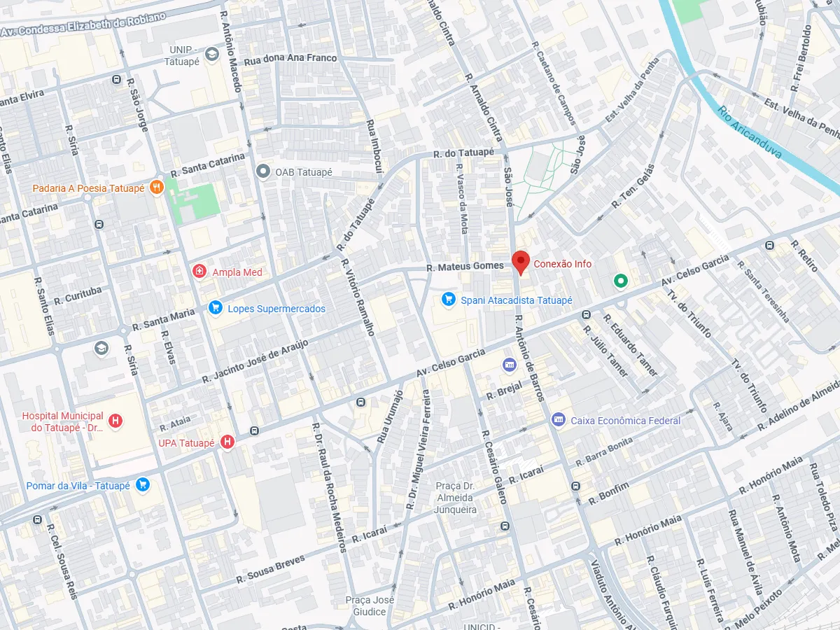Mapa com a localização da Conexão Info, na Rua Antônio de Barros, no Tatuapé